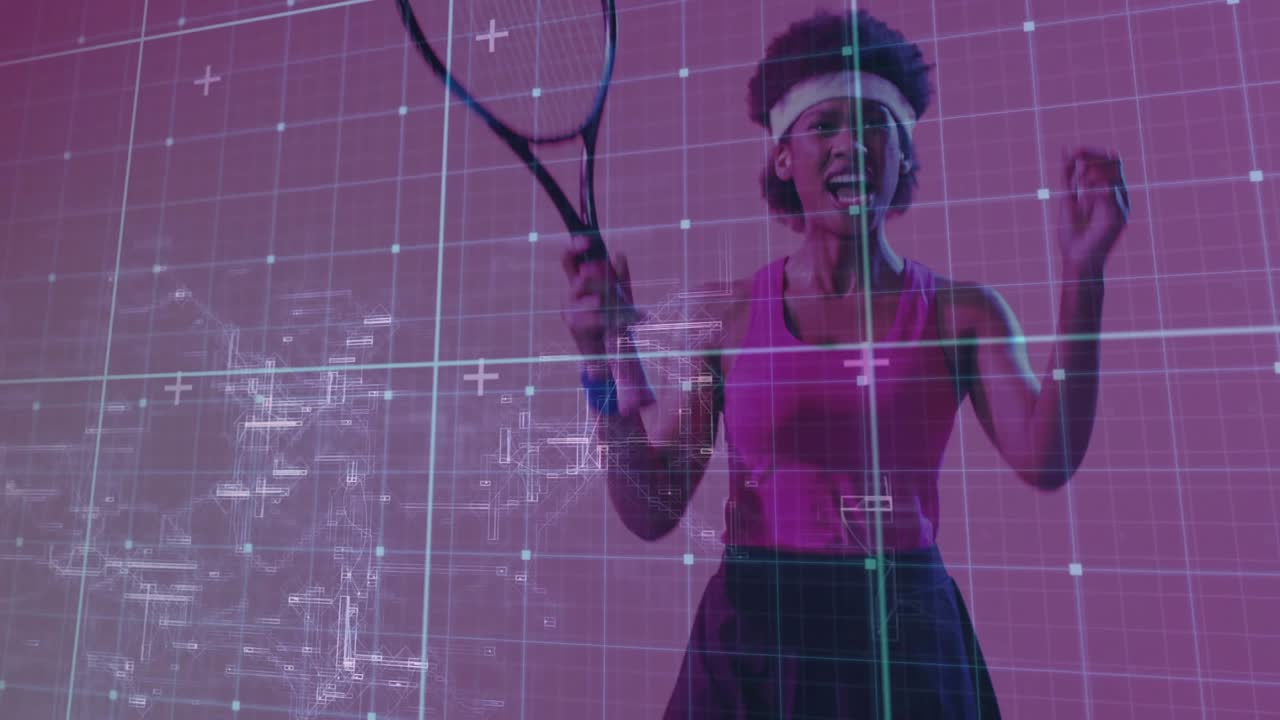 Female tennis player swinging racket at ball appearing, returning shot against tech circuit grid
