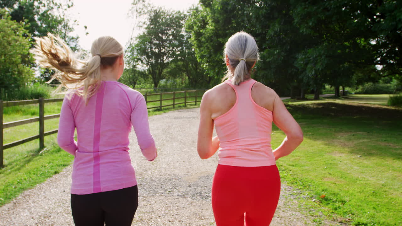 mujeres jóvenes y mayores disfrutando de correr por el campo juntas