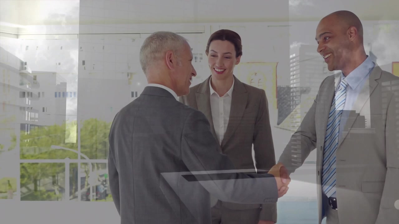 Animazione di un paesaggio urbano su diversi professionisti che lavorano in ufficio.