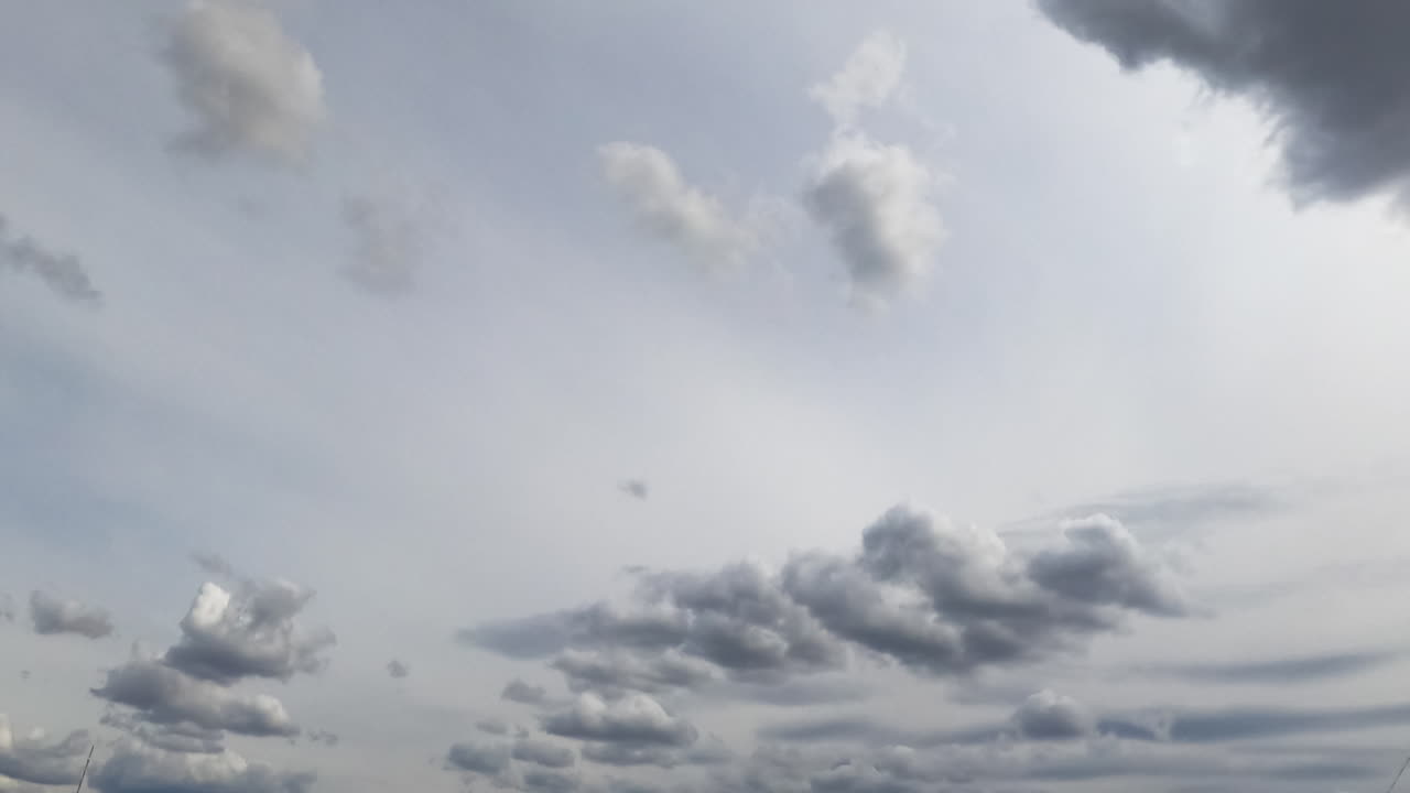 Gloomy skies cloudscape formation. Rainy sky with cumulus grey clouds. Timelapse. Low angle view.