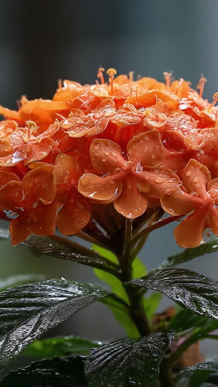 A Beautiful Close-Up of Raindrops Adorning Vibrant Orange Ixora Flowers, Showcasing Their Rich Colors and Textures Against a Soft Green Background