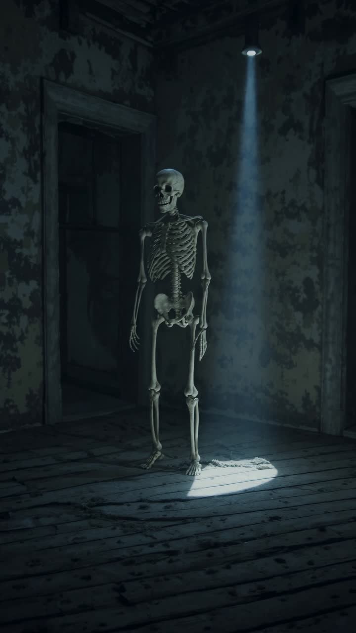 A dimly lit room with a spotlight on a standing skeleton, creating a haunting atmosphere