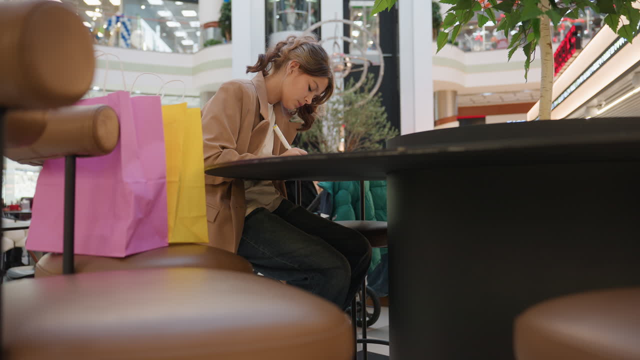 Молодая девушка сосредоточенно пишет, вокруг ходят покупатели и много зелени; студентка, увлеченно работающая в блокноте, сидит в оживленном фуд-корте торгового центра среди покупателей и декоративных растений