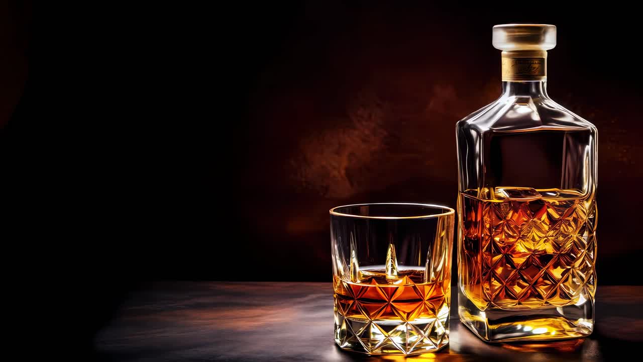 Elegante fotogramma di un video di una caraffa di whisky e un bicchiere su uno sfondo scuro