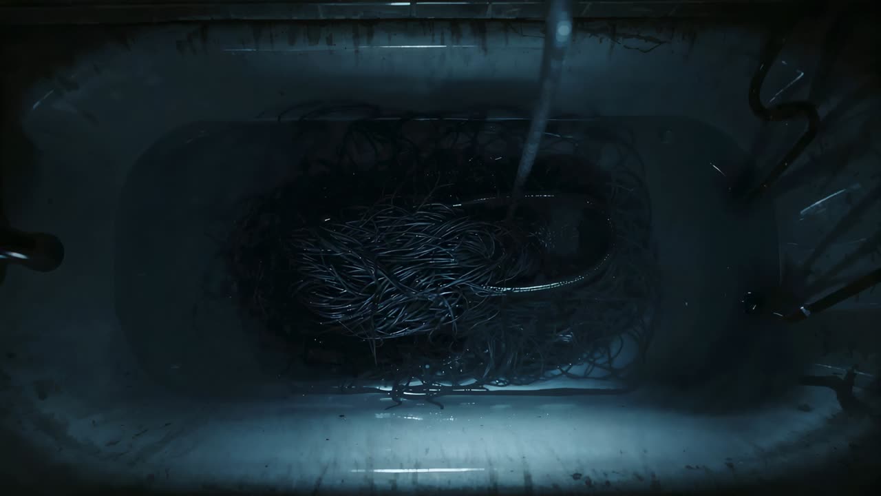 Releasing steady stream, faucet wetting hair clump over drain in bathtub basin, settling mound