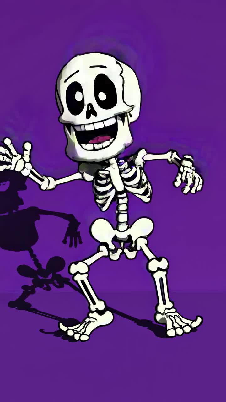 Cartoon skeleton dancing joyfully against a purple background