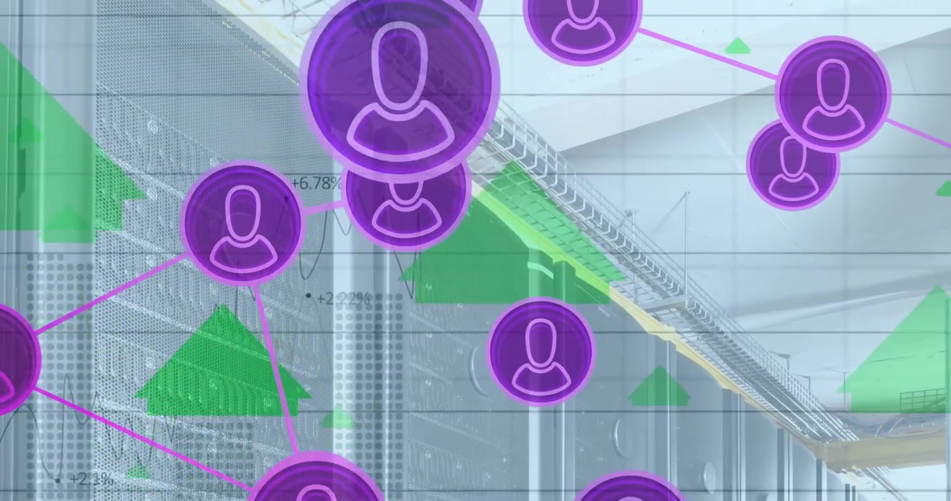 Animation of connections with icons and digital data processing over computer servers