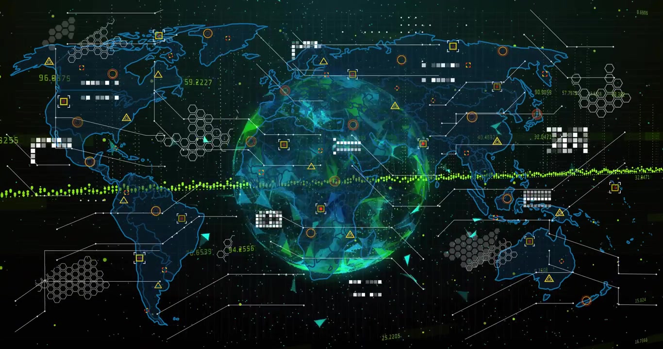 Upon interface launch 3D globe emerging rotating while data clusters pulsing mapping global data