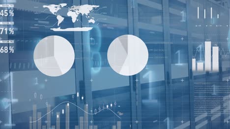 animation of financial data processing over server room