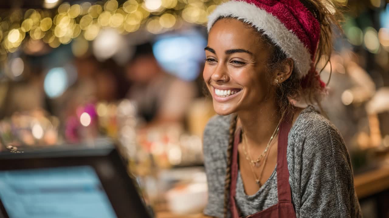 A Joyful Server in a Festive Atmosphere Wearing a Santa Hat, Illuminated by Warm Lights, Delivering a Heartwarming Smile, Capturing the Spirit of Celebration and Community at the Bar