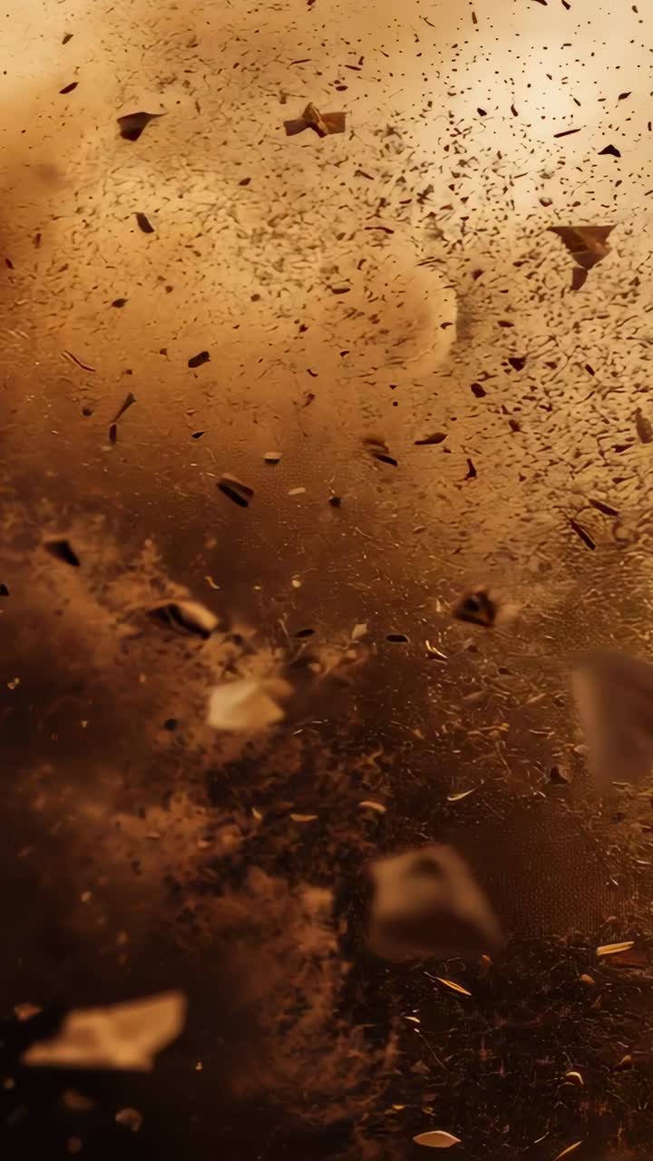 Vertical video: Swirling dust specks and large flakes drifting near lens, backlight revealing bokeh