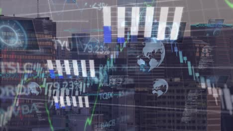 Animation-of-round-scanners,-financial-and-stock-market-data-processing-over-view-of-cityscape