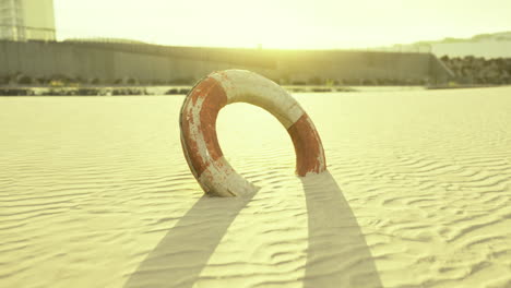 lifebuoy rests on sunlit beach sand during golden hour near the water