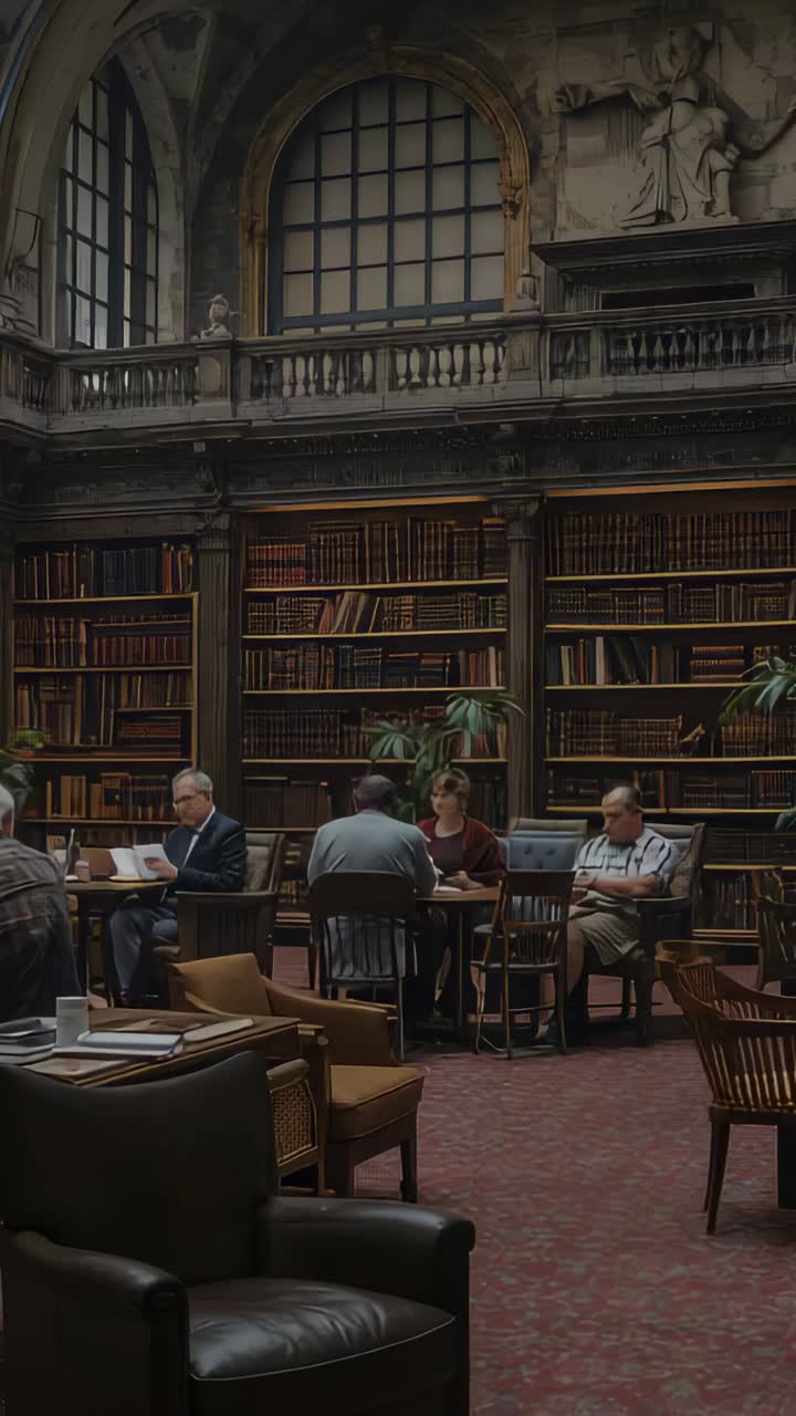 Vertical video: Panning camera showing three patrons studying in reading room, with suit, shelves