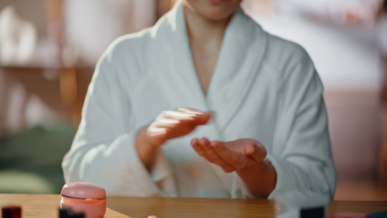 Woman hand opening cosmetics jar in home closeup. Smiling lady applying cream