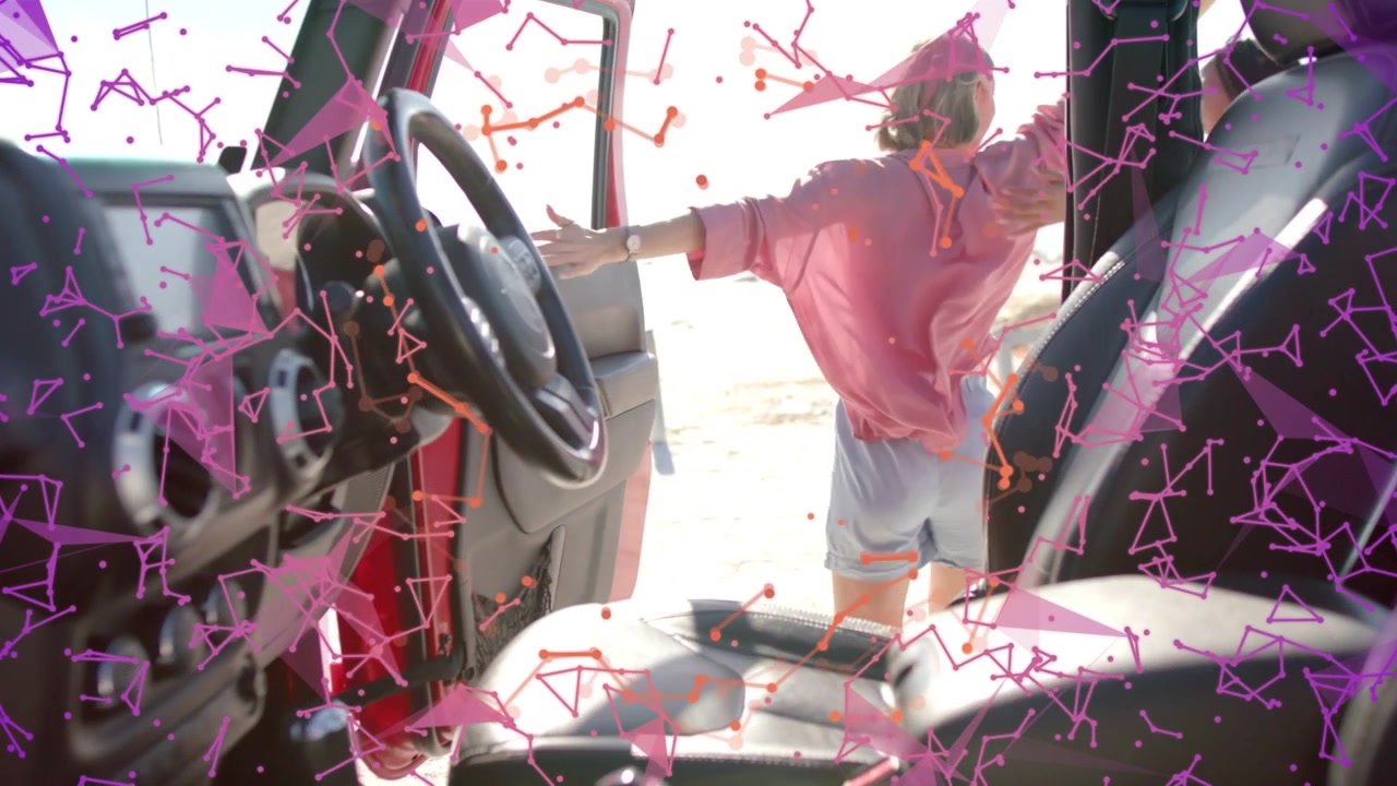 Travel driver adjusting pink tote exiting greeting-hug partner particle overlaying walking to beach