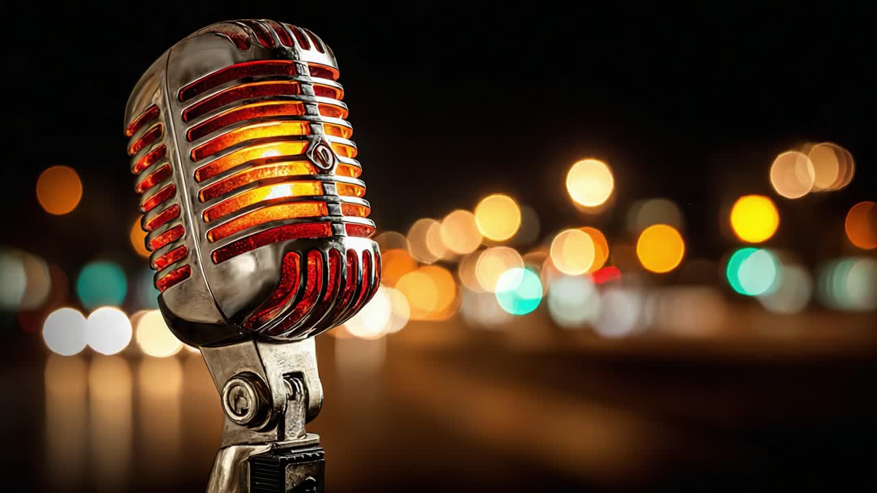 A Stunning Vintage Microphone Caught in a Beautiful Bokeh Background, Perfectly Illuminated by Evening Lights in a Dynamic City Scene