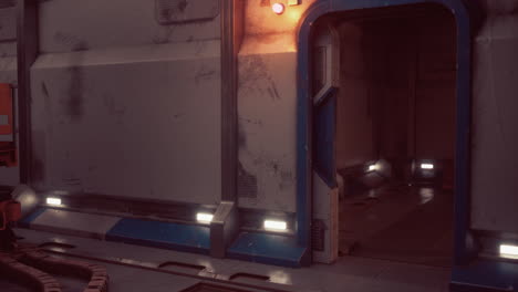 una vista por un corredor de nave espacial futurista con una puerta abierta a una habitación oscura