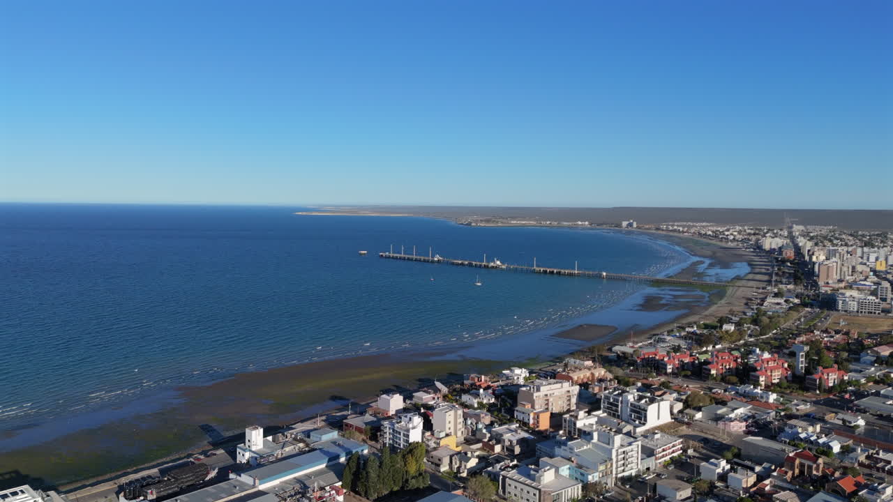 Aerial view the city shore of Puerto Madryn city. Patagonia Chubut Province Argentina