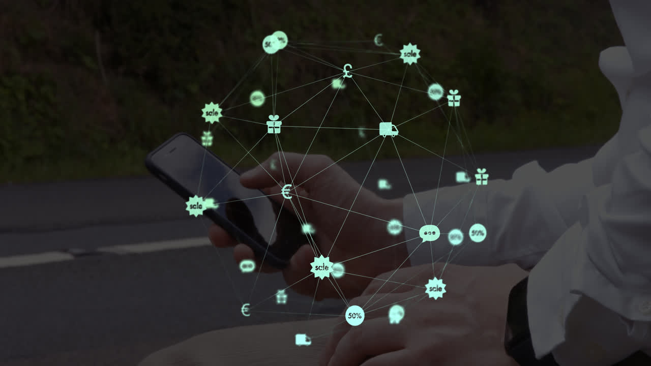 globo de iconos digitales girando contra la sección media de un hombre usando un teléfono inteligente en la calle