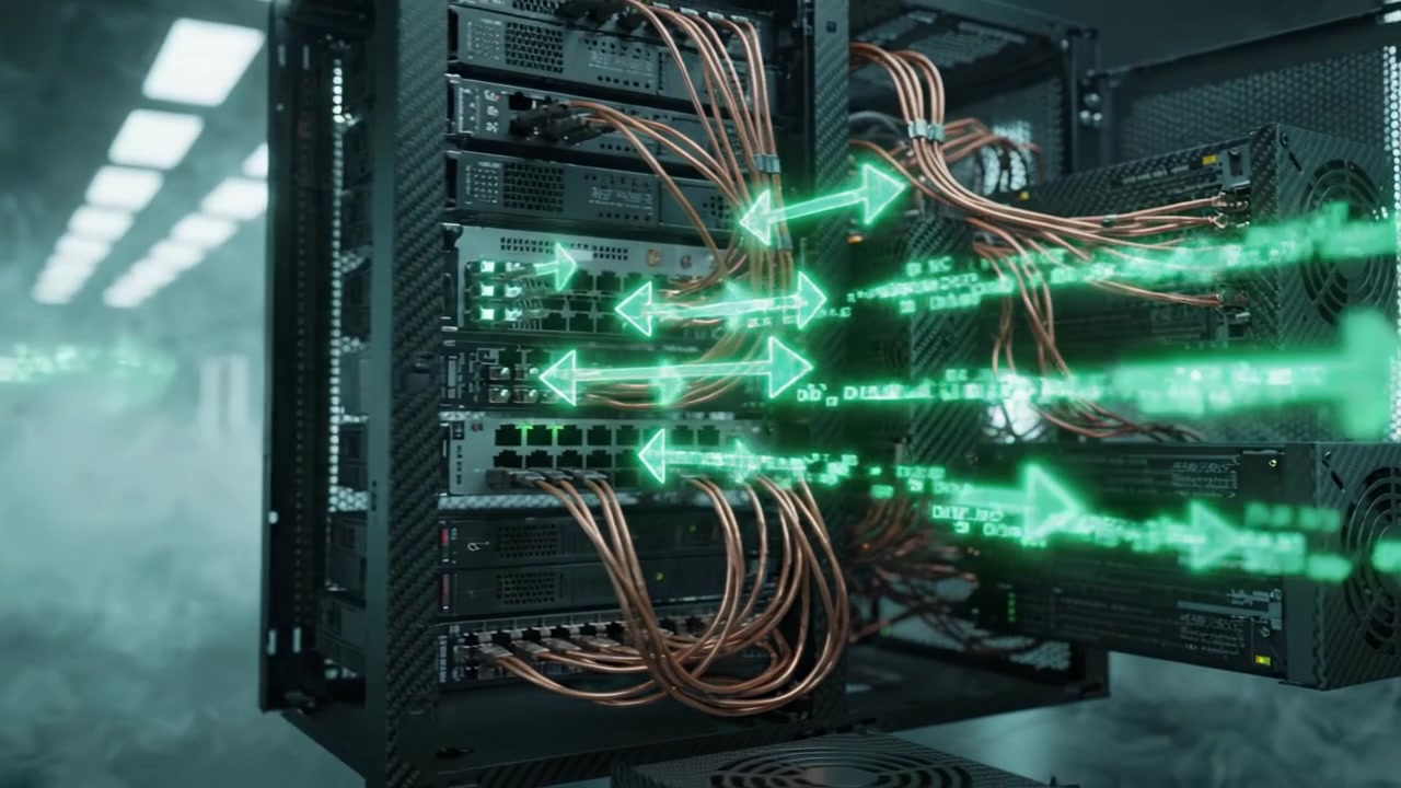 High-Performance Server Rack Processing Data with Illuminated Cables and Smoke Effects in a Futuristic Data Center Environment