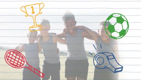 animation of colourful sports icons over happy diverse schoolboys embracing on sports field