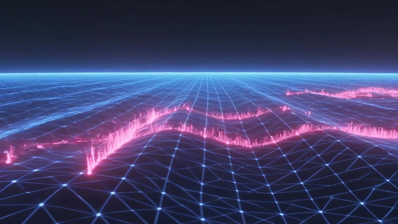 Starting with spikes appearing neon-pink waveform ribbon flowing across neon-blue grid showing data