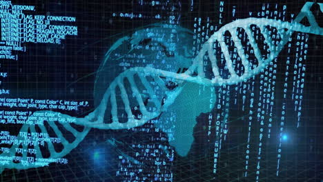 dna strand and binary coding, scientific data processing animation