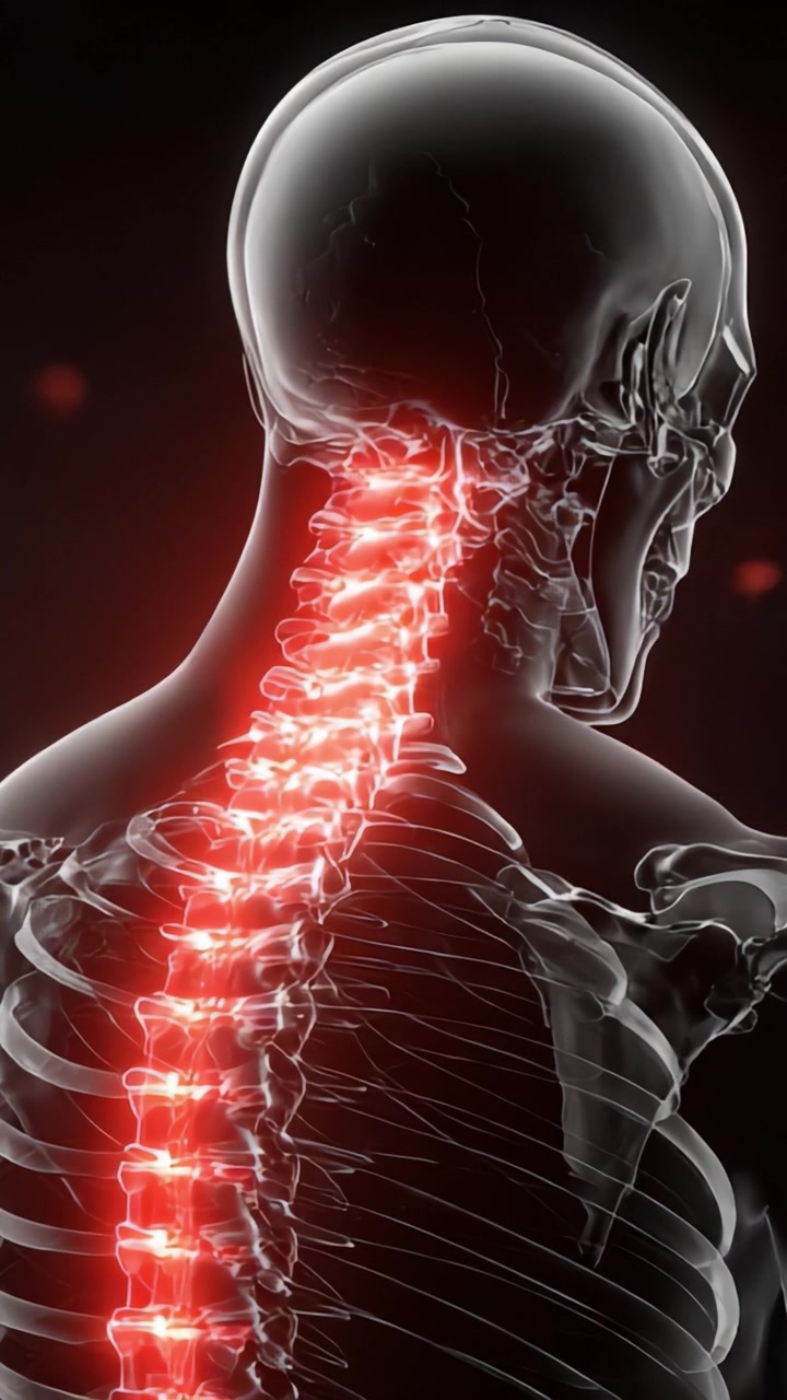 Rappresentazione Anatomica della Colonna Vertebrale Umana: Una Visualizzazione Dettagliata delle Regioni Cervicale e Lombare Illuminate con Colorazione Radiosa