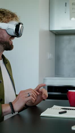 man using vr headset in a home office setting