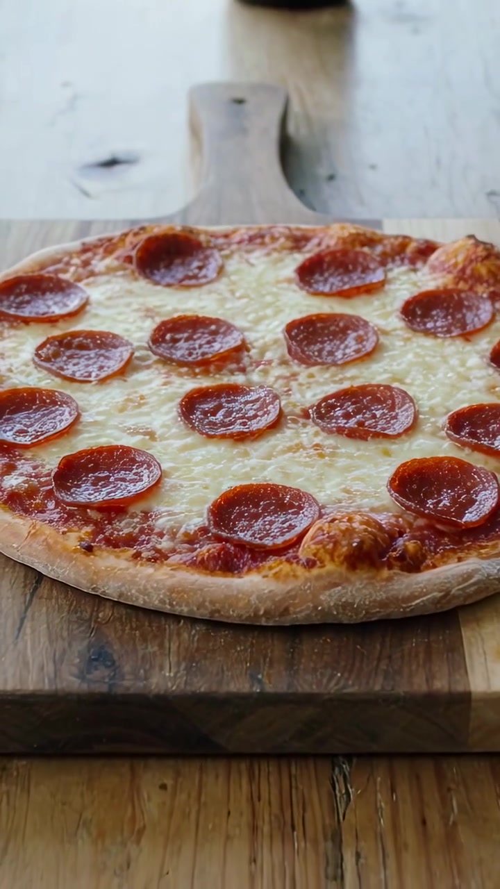 Video verticale: Obiettivo che si allontana mostrando una pizza ai peperoni su una pala sul tavolo, con una bottiglia dietro che si rivela