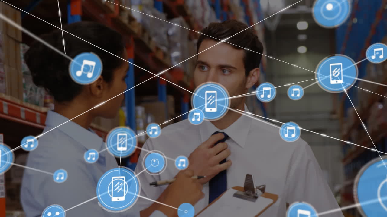 창고의 다양한 노동자들에 대한 아이콘으로 연결된 네트워크의 애니메이션