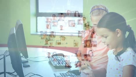 Globe-of-profile-icons-against-two-diverse-girls-using-computer-at-school