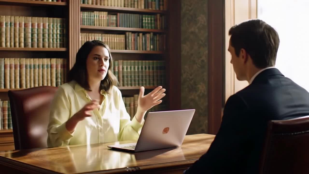 Female Lawyer or Consultant Meeting with a Male Client in a Library