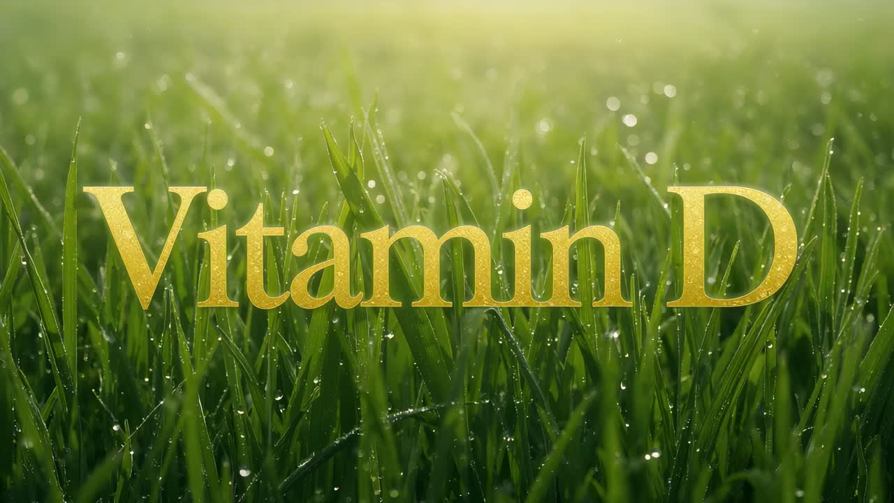 Morning sunlight brightening dew, gold serif title reading Vitamin D remaining centered over grass