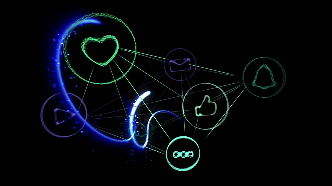 연결 아이콘의 웹에 맞서 흐르는 빛의 흔적