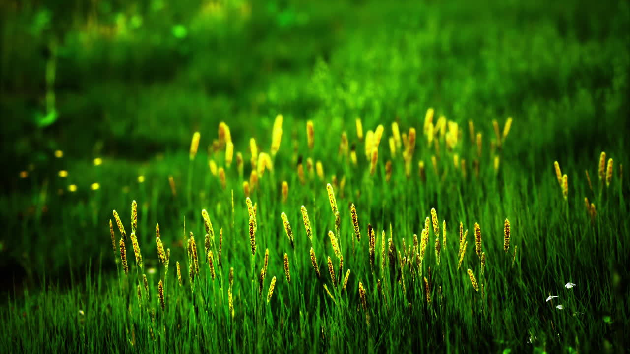 Green grass and yellow flowers grow under sunlight in a tranquil meadow