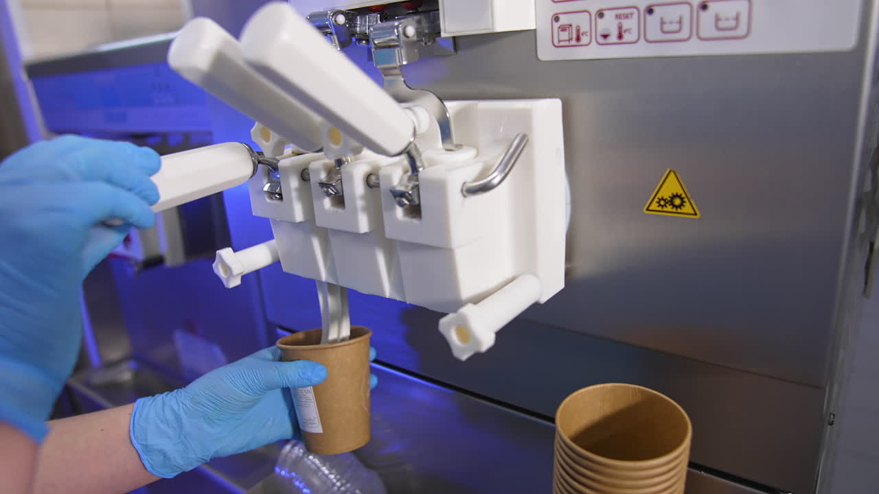 White soft vanilla ice-cream is poured from an automatic machine. Sweet dessert is packed into a paper cup.