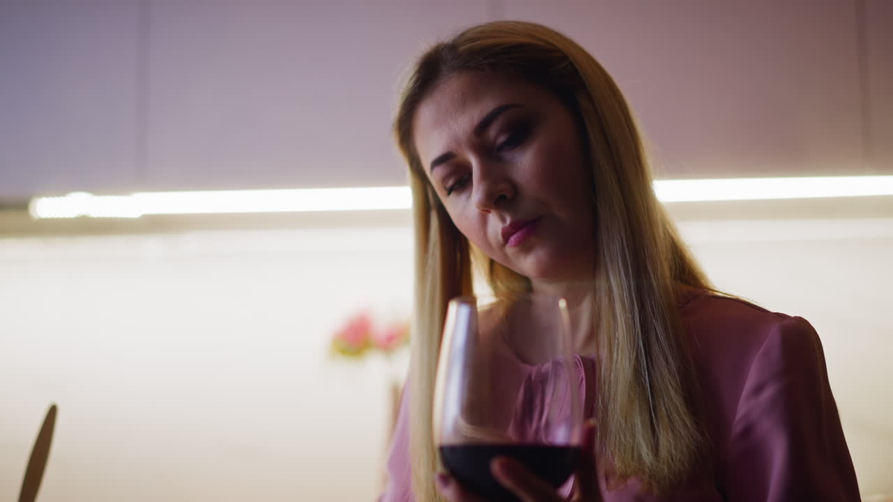 mujer pensativa mira el vino tinto antes de la degustación