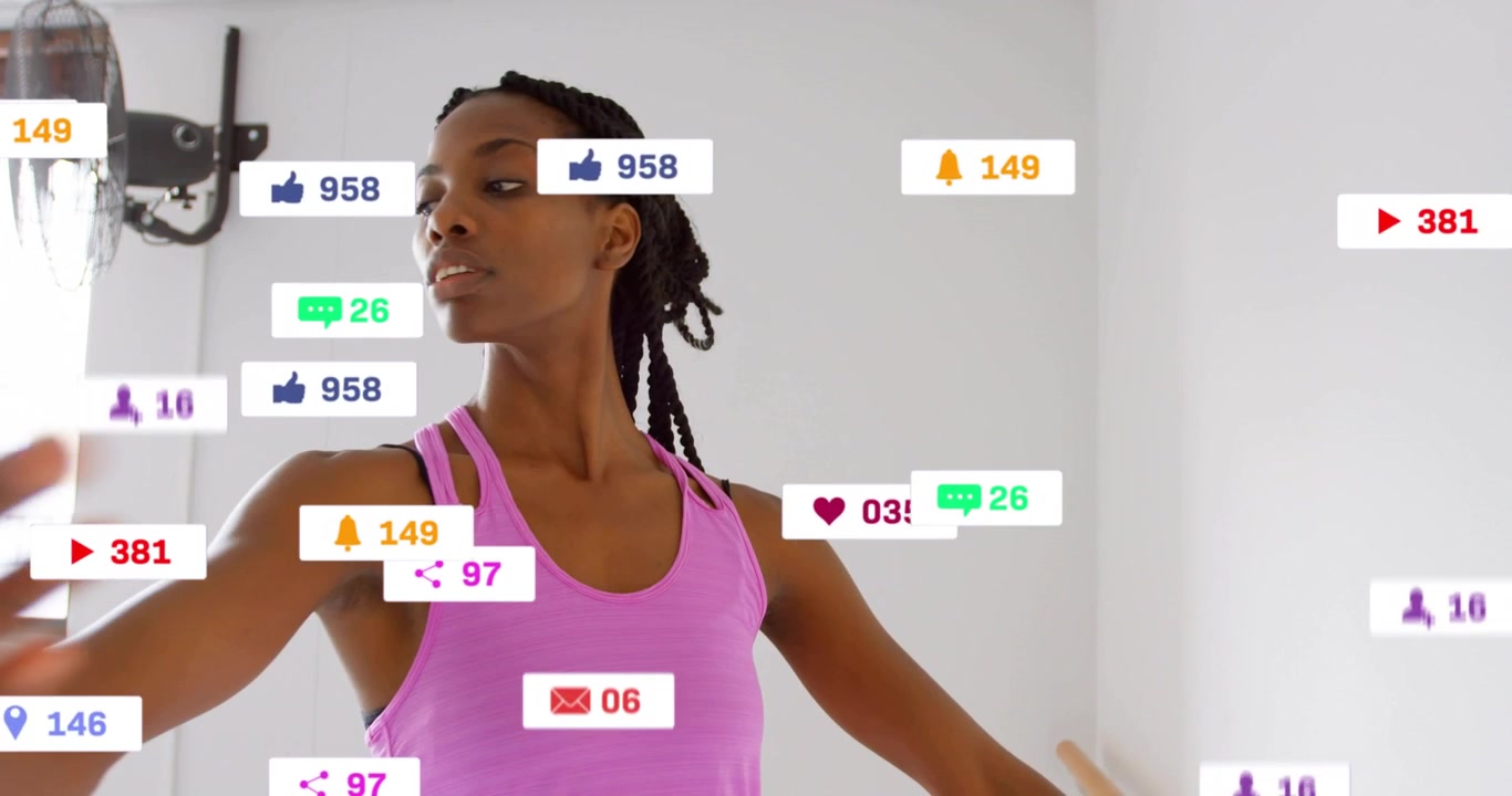 Kvindelig danser viser engagement ved barre, flydende sociale ikoner samles og spredes derefter