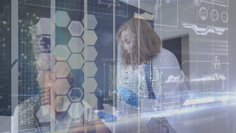 doctor leaning in using syringe injecting vaccine into patient arm, with health graphics overlay