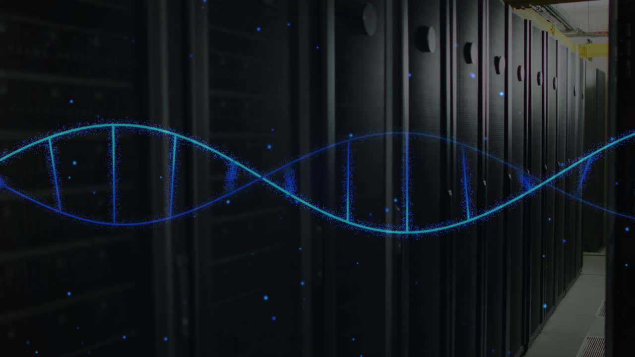 데이터 센터의 서버 랙에서 dna 스트랜드와 바이너리 코딩을 애니메이션합니다.