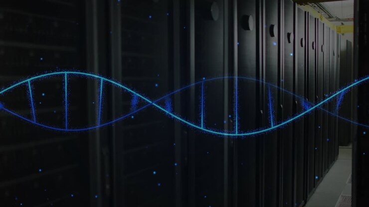 Animating DNA strand and binary coding over server racks in data center