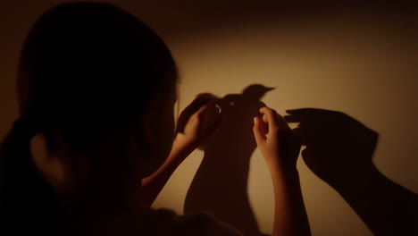 child creating hand shadows and bird puppets on a wall