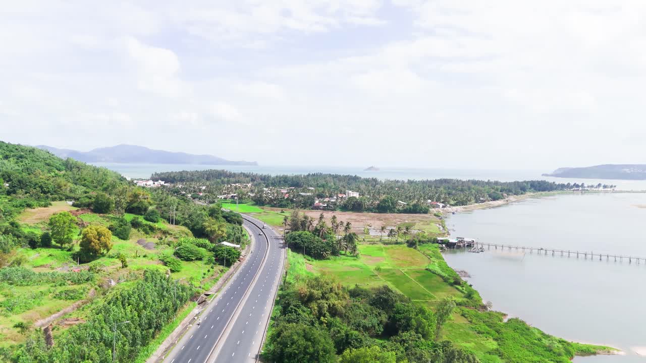 Aerial View Tilt of the Road and Mountains in Phu Yen.