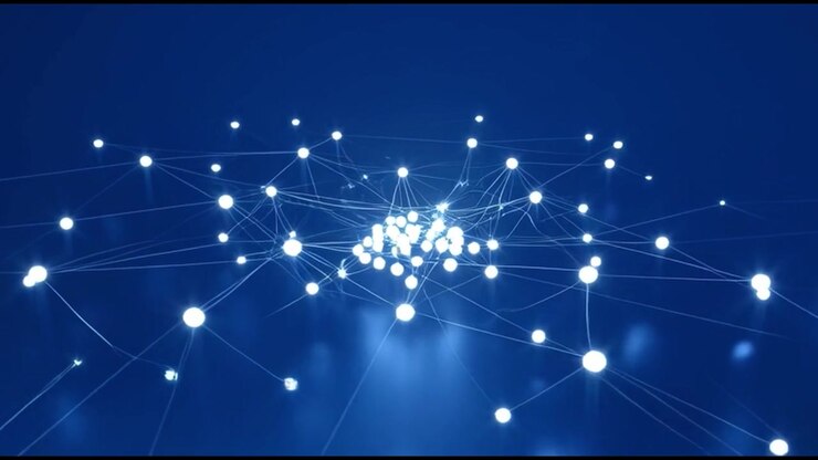 Abstract Digital Network Expanding with Glowing Nodes on Blue Background