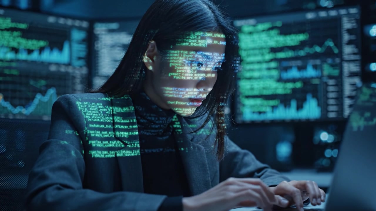 A focused data analyst delves into complex coding on a sleek laptop, surrounded by high-tech digital displays showcasing fluctuating graphs and data metrics.