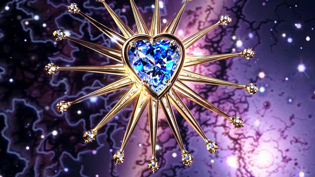 Golden star shaped brooch featuring a heart shaped blue gem, adorned with smaller diamonds, shines brightly against a backdrop of a purple nebula with scattered stars
