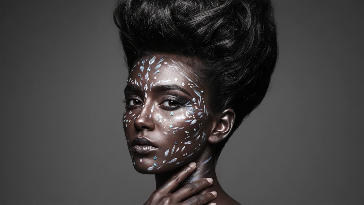 A Stunning Portrait Emphasizing Artistic Body Paint and Elegant Hair Design Captured in Dramatic Lighting, Showcasing Unique Beauty and Expressive Features