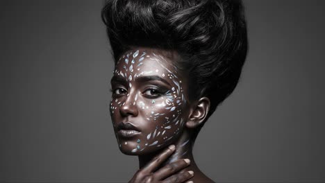 a stunning portrait emphasizing artistic body paint and elegant hair design captured in dramatic lighting, showcasing unique beauty and expressive features